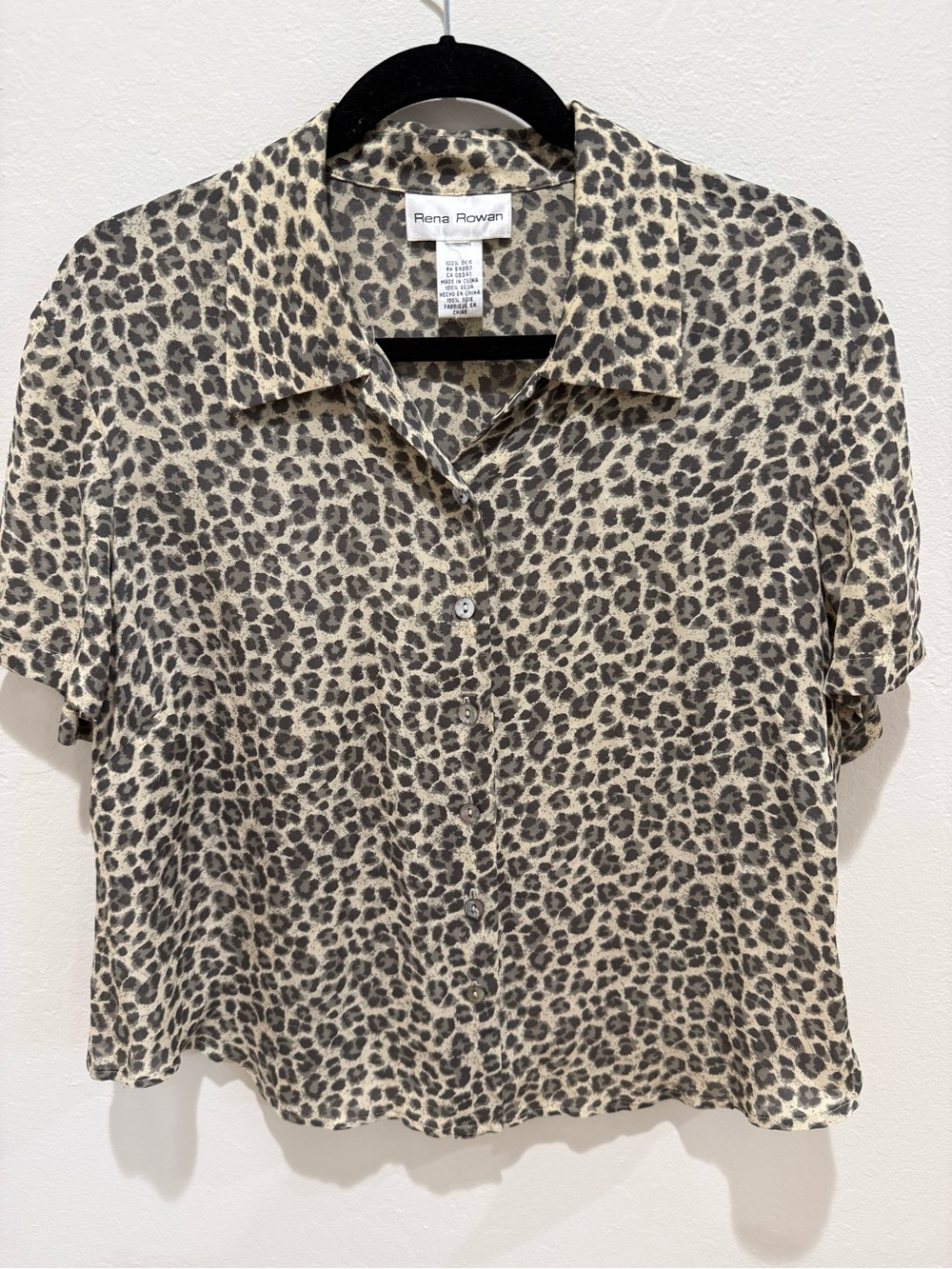 Rena Rowan Silk Leopard Print Button-Up Blouse - Tan & Black